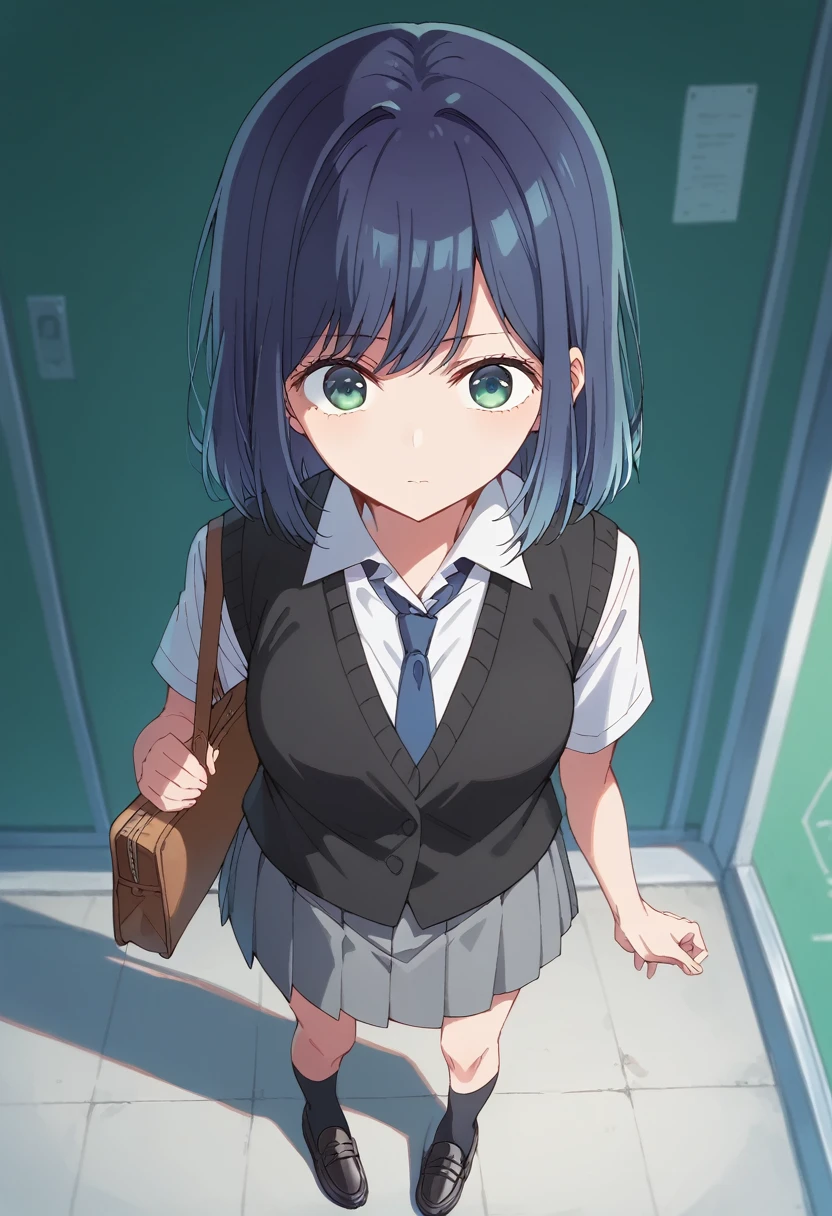 akane kurokawa, bangs, green eyes, blue hair, medium hair, dark blue hair,shirt, school uniform, white shirt, necktie, collared shirt,black vest, blue necktie, skirt, grey skirt, full body shot , black loafers , standing , black socks , view from above