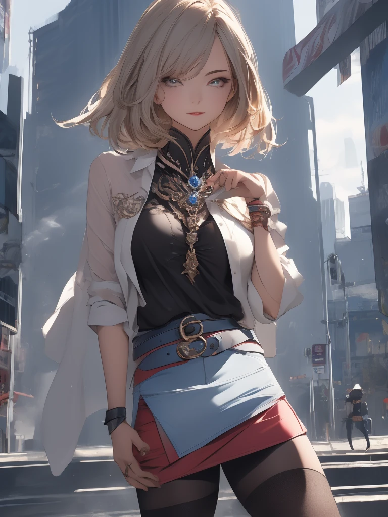 ultra sharp illustration, ultra detailed hair, detailed beautiful face, masterpiece, best quality, absurdres, perfect anatomy, (1girl, solo), good anatomy, Ashelia, short hair, translucent AsheliaOutfit, miniskirt, thighhighs, jewelry, belt, standing, cowboy shot, smile, dynamic pose, dynamic angle, outdoors, in a city, sunshine, best shadow, dripping wet transparent clothes, (lying:1.4, spreading legs by hands), (((spread crotch by hands))), spread_pussy, (hands on crotch:1.38)