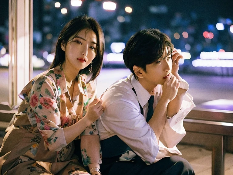 two couples are starred each other, at the middle of the park, blooming night with the city light vibes, blooming flower vibes, finely detailed skin, Korean style lighting, poster korean drama style, detailed face:1.2, sharp focus, Hasselblad photography, masterpiece, Light makeup, cinematic lighting, 4k, best quality