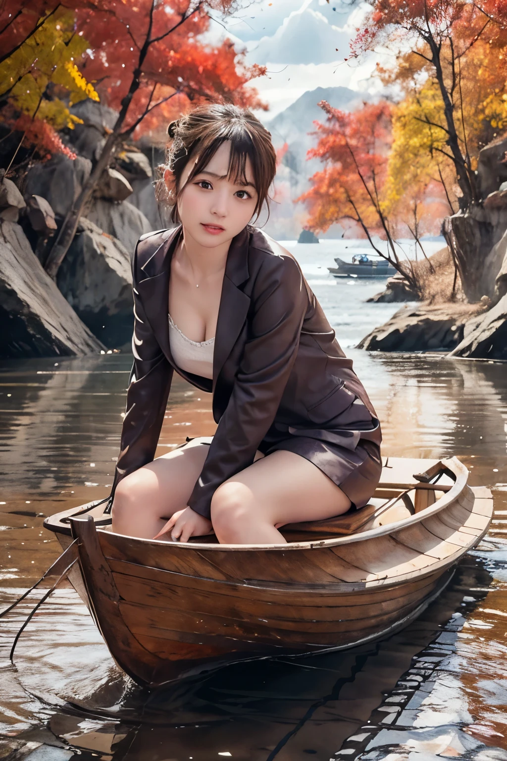 8k, raw photo, best quality, hires, realistic, photorealistic, extremely detailed 8k wallpaper, beautifully detailed eyes, finely detailed face, 
 break 
cinematic lighting, [rim lighting], 
 break 
autumn light purple dusk:1.0, water reflections:1.0, [autumn cloud], shan, [crimson arched bridge], 
 break 
perfectly anatomically correct:1.1, 
 break 
(1 female is riding a boat:1.3), 
kawaii:1.2, very short hair bun, 
wearing autumn neat pant suit:1.2, 
symmetrical clear eyes, chocolate color eyes with captivating reflections, 
cheerfully with opening mouth:1.0, 
[
symmetrical face line, stereographically baby face, 
[chiseled face, round face, [double eyelids, moderate eye bags, wide-set eyes, tareme], 
slope lips, [[embarrassed, blush]], 
seventeen, 
]
[[
high tensioned creasing form in clothing due to lifted beautiful ideal ellipse protruding shape medium soft buttocks upturned:1.0, 
]]
looking at viewer:1.0, 
 break 
sfw:1.0, 
 break 
(full body, distant shot:1.1, wide shot), bokeh:1.2