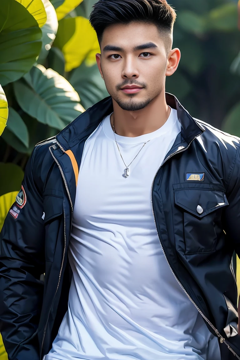 ((Highest quality, 8K, Masterpiece:1.3)),Thailand Laos Burma Asia,Thai man buzz haircut,A handsome Asian sport short hair,a muscular beard,and big muscles.,1A man who has,yo,Good appearance,Beautiful nose,Detailed eyes and face,beautiful light,(studio),high resolution,(Look at the viewer.),Fine mouth,whole body:1.5,perfect shape:1.3,Picture of both shoulders:1.3,(t-shirt:1.2),black cargo pants,wristband,landscape,(The background is Bokeh:1.2),on the sea,(open_jacket:1.4),