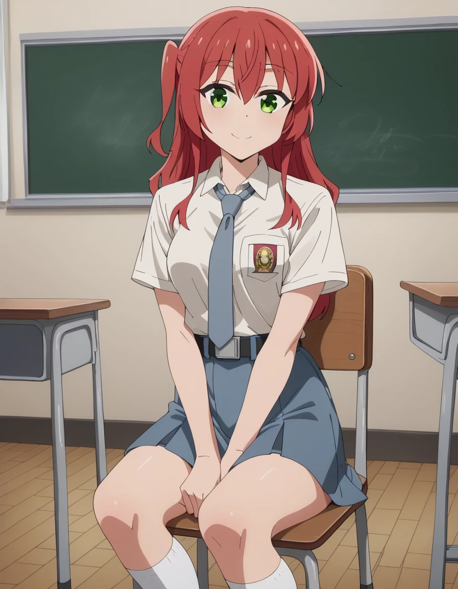 score_9, score_8_up, score_7_up, solo,1girl,ikuyo kita, green eyes, hair between eyes, long hair, one side up, red hair,, medium breasts, tucked in sma shirt, sma necktie, sma belt, sma skirt, sma shirt, sma skirt, inside classroom, windows, chair, tables thighs, looking at viewer, smile, sunligth, sit on chair, socks, hands between thighs, anime screencrap, dutch shot