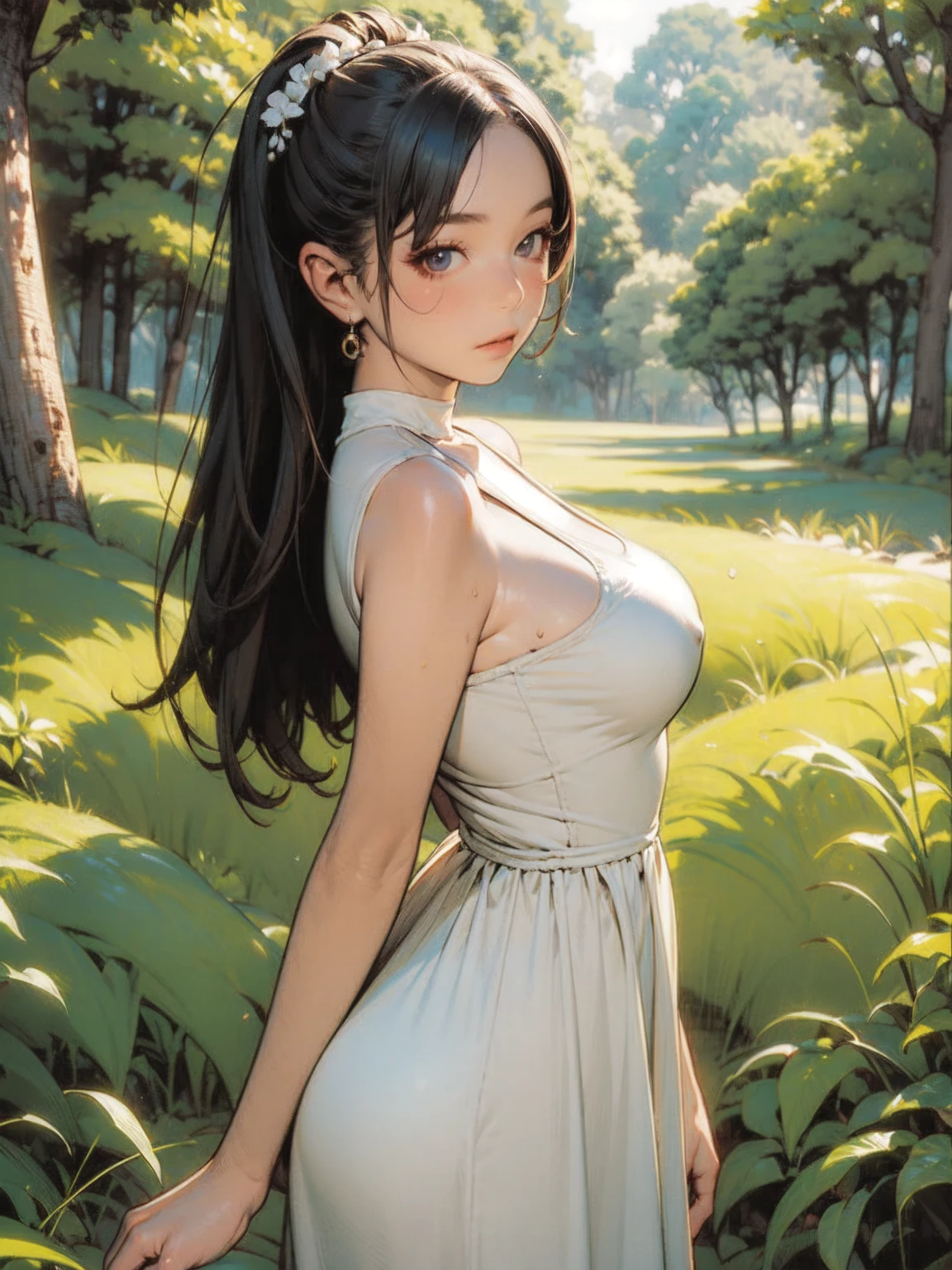 (masterpiece, Best Quality),  1 girl(Athena_Asamiya),  Cute dress ,   Long Black Hair,  at dawn, beautiful outdoor background ,  Knight , forest