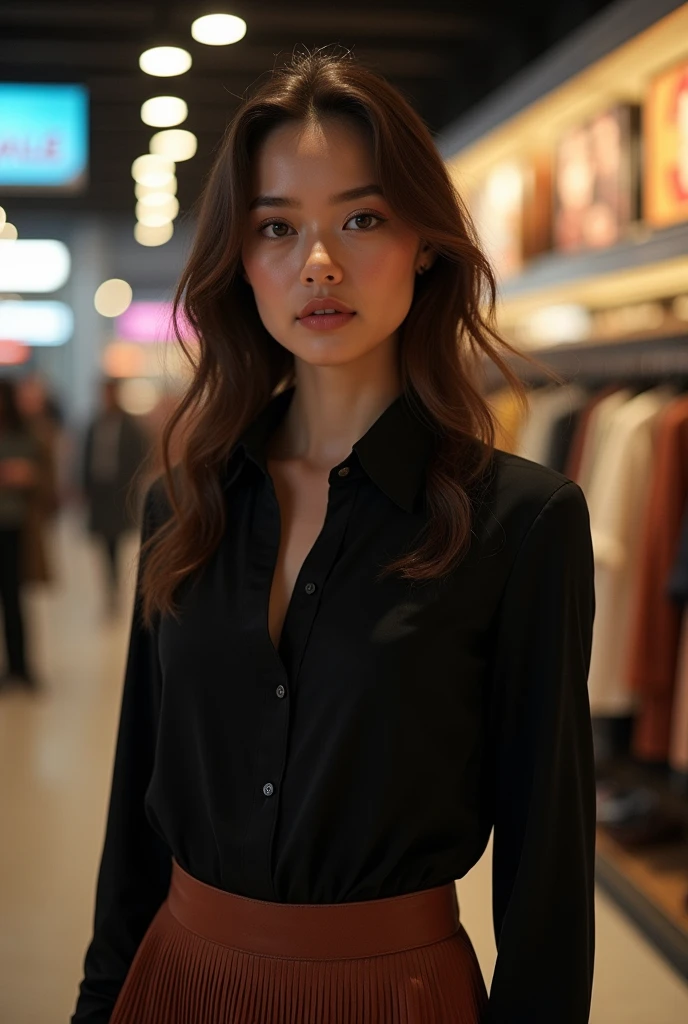 a woman wearing  black shirt and pleated skirt on dept store, beautiful detailed eyes, beautiful detailed lips, extremely detailed face, long eyelashes, photorealistic, 8k, hyperrealistic, detailed fabric textures, high quality lighting, cinematic composition, warm color tones, natural skin tones, atmospheric and moody, masterpiece, professional art