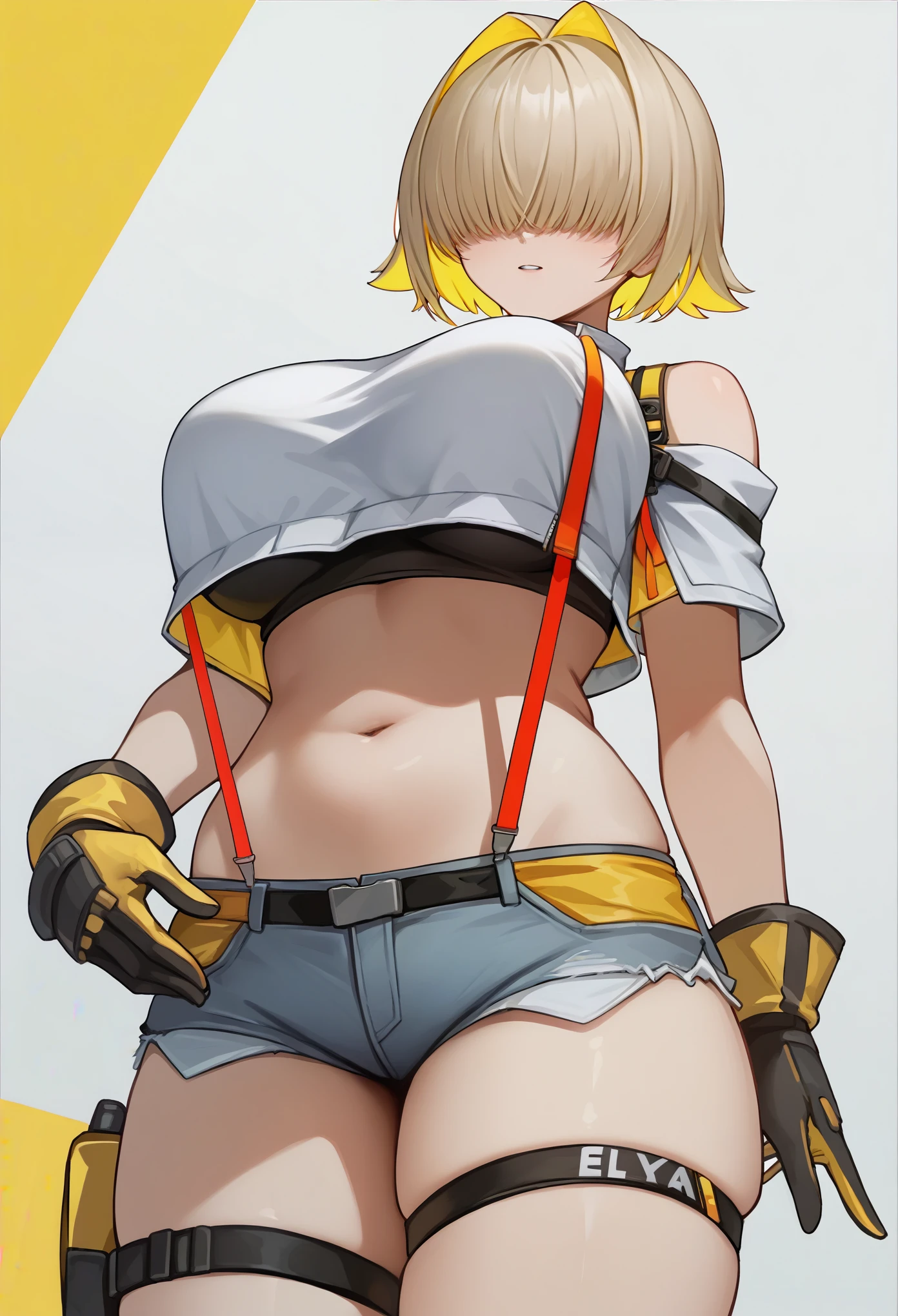 score_9, score_8_up, score_7_up, source_anime BREAK 1girl, solo, elegg, short hair, bangs, hair intakes, multicolored hair, hair over eyes, crop top, bare shoulders, suspenders, midriff, navel, short shorts, thigh strap, gloves, large breasts