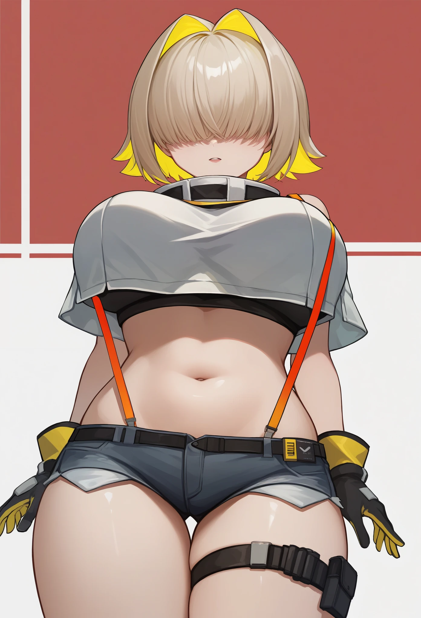 score_9, score_8_up, score_7_up, source_anime BREAK 1girl, solo, elegg, short hair, bangs, hair intakes, multicolored hair, hair over eyes, crop top, bare shoulders, suspenders, midriff, navel, short shorts, thigh strap, gloves, large breasts