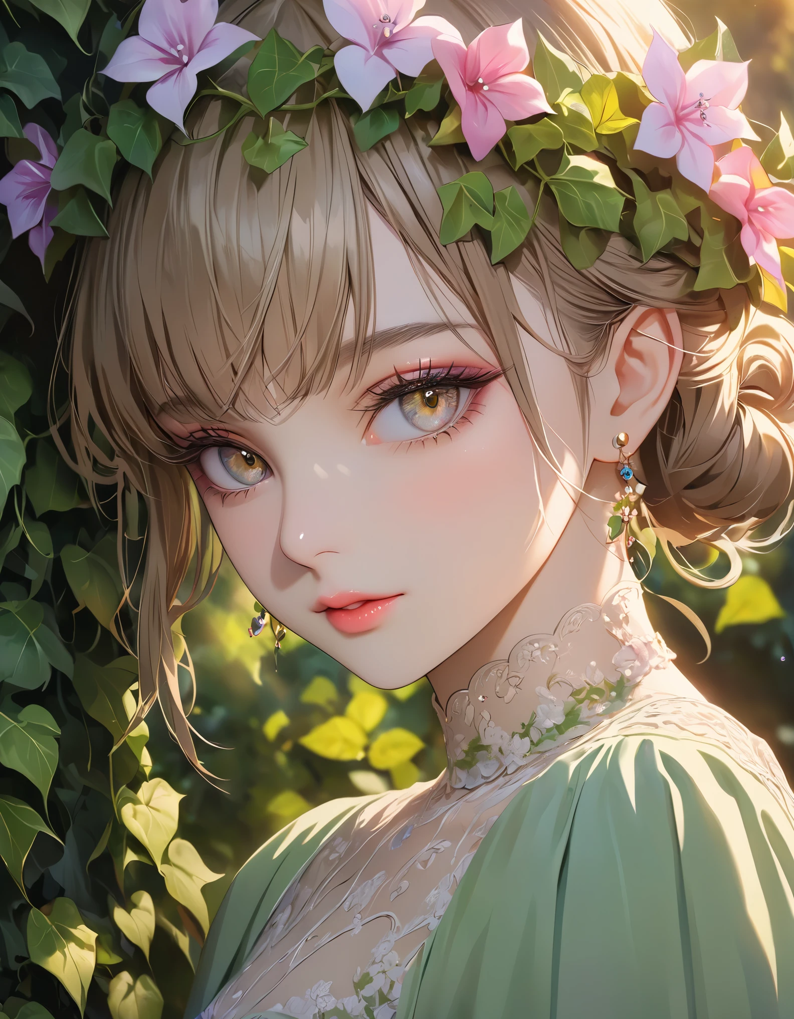 A girl in a garden, beautiful detailed eyes, beautiful detailed lips, extremely detailed eyes and face, long eyelashes, elegant girl, beautiful young woman, pretty female character, delicate features, serene expression, flower crown, floral dress, ivy vines, lush greenery, natural light, golden hour, vibrant colors, (best quality,4k,8k,highres,masterpiece:1.2),ultra-detailed,(realistic,photorealistic,photo-realistic:1.37),studio lighting,ultra-fine painting,sharp focus,physically-based rendering,extreme detail description,professional,vivid colors,bokeh,portrait