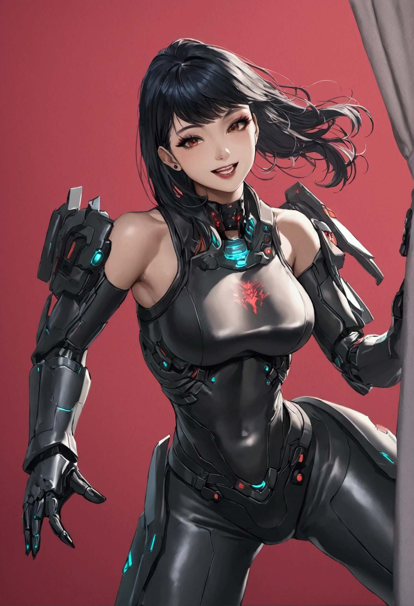 a beautiful 25 year old asian woman in a cyberpunk outfit, smile, tattoos neon, cyberpunk style cyborgpunk mecha armor robotic, sticking out tongue, mini skrit sailor , red background with tatto called"ndraguna" text, manga, anime, (best quality, 4k, 8k, highres, masterpiece:1.2), ultra-detailed, (realistic, photorealistic, photo-realistic:1.37), , dynamic pose, full body sweating neon