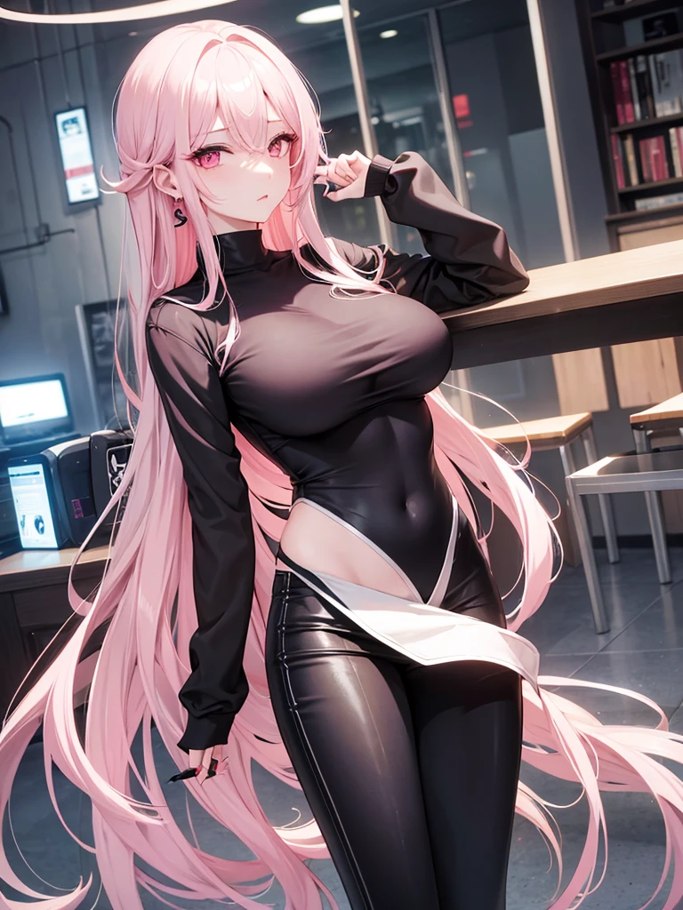One adult woman, pink eyes, long blonde hair, black leather