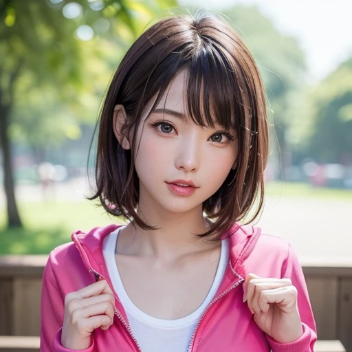 (highest quality、table top、8K、best image quality、Award-winning work)、one beautiful woman、Shining beautiful skin、(perfect pink tracksuit:1.1)、(The zipper of the jersey is fully unzipped, revealing her bare chest.:1.2)、(the most stylish perfect tracksuit:1.1)、Shining ultra-high definition skin、(accurate anatomy:1.2)、A gentle smile looking at me、(Photo from bare chest up:1.2)、(show your bare chest:1.2)、(close up of face:1.3)、(Faces are very close:1.1)、(Blurry park background:1.1)、portrait photography、(draw softly and smoothly:1.1)、(very bright and vivid:1.1)、光を受けてShining beautiful skin、(very bright and refreshing:1.1)、(the most detailed and perfect face:1.1)、(most detailed glowing eyes:1.1)、(beautiful and moisturized skin:1.1)、[clavicle]