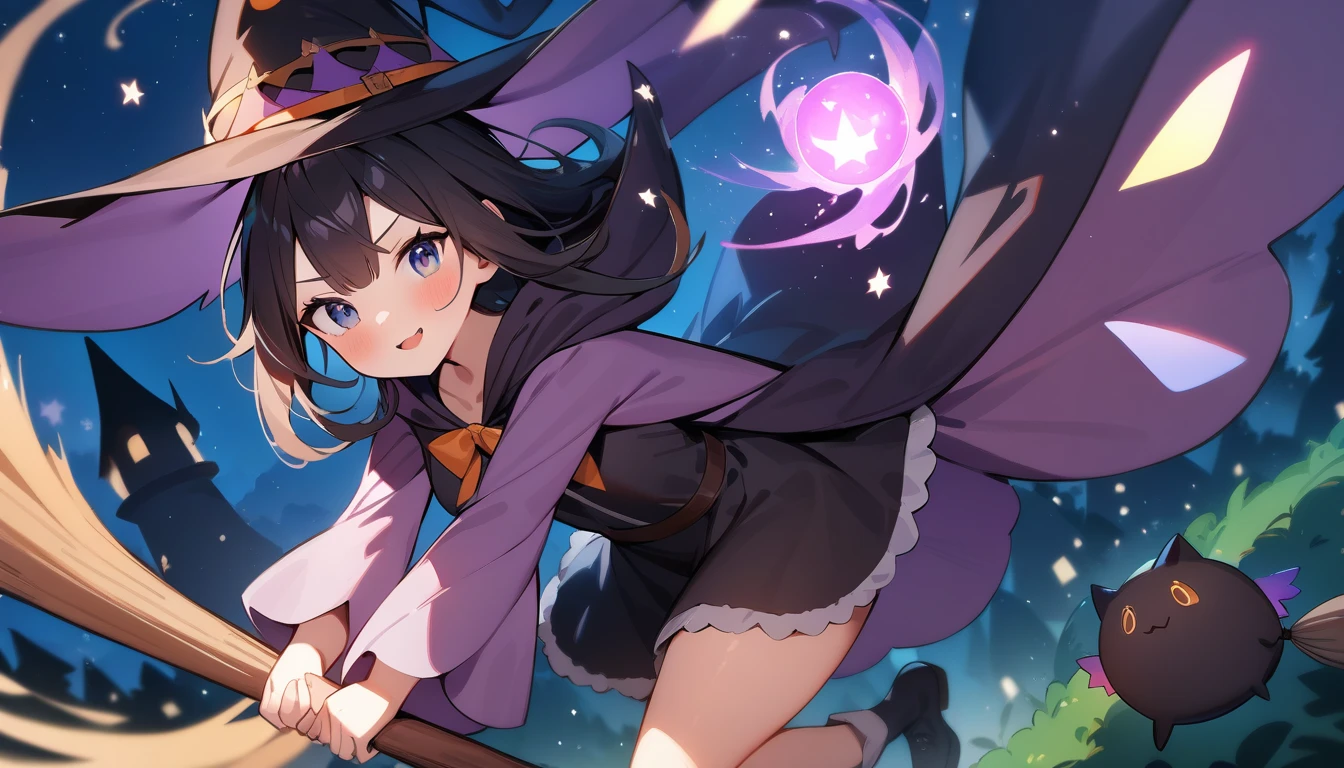(masterpiece, best quality), highly detailed background, perfect lightingbest quality, shinomiyarisa, solo, outdoors, night, full moon, witch, witch hat, black headwear, green hair, hair intakes, blunt bangs, curly hair, medium hair, red eyes, medium breasts, blue dress, frilled dress, corset, detached sleeves, elbow gloves, fishnet pantyhose, star print, smile, closed mouth, :), pink lips, <lora:Shinomiya-Risa:0.7>