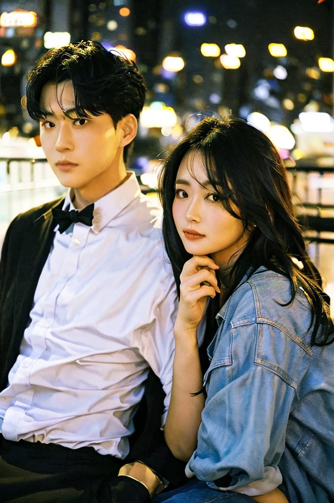 two couples are starred each other, at the middle of the park, blooming night with the city light vibes, blooming flower vibes, finely detailed skin, Korean style lighting, poster korean drama style, detailed face:1.2, sharp focus, Hasselblad photography, masterpiece, Light makeup, cinematic lighting, 4k, best quality