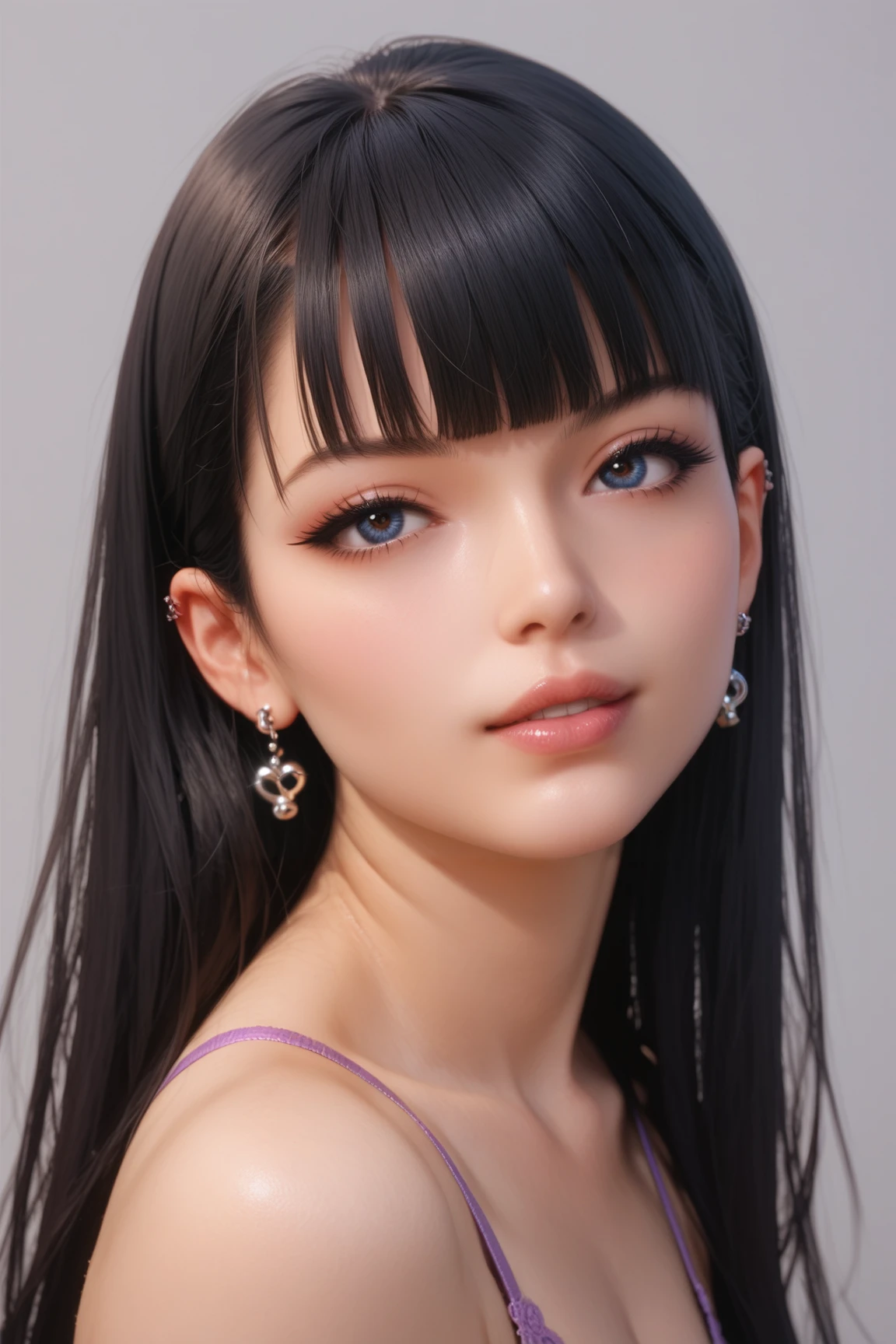 1girl, emo style, realistic, white skin, skin soft and smooth, black hair, long hair with bangs, long eyelashes, purple eyeliner, purple lipstick, cute blush, senos enormes, gigantic ass, caderas anchas, cintura angosta, obra maestra, la mejor calidad, altamente detallado, ojos detallados, blue eyes, she is wearing a baclk dress and a thong, standing,