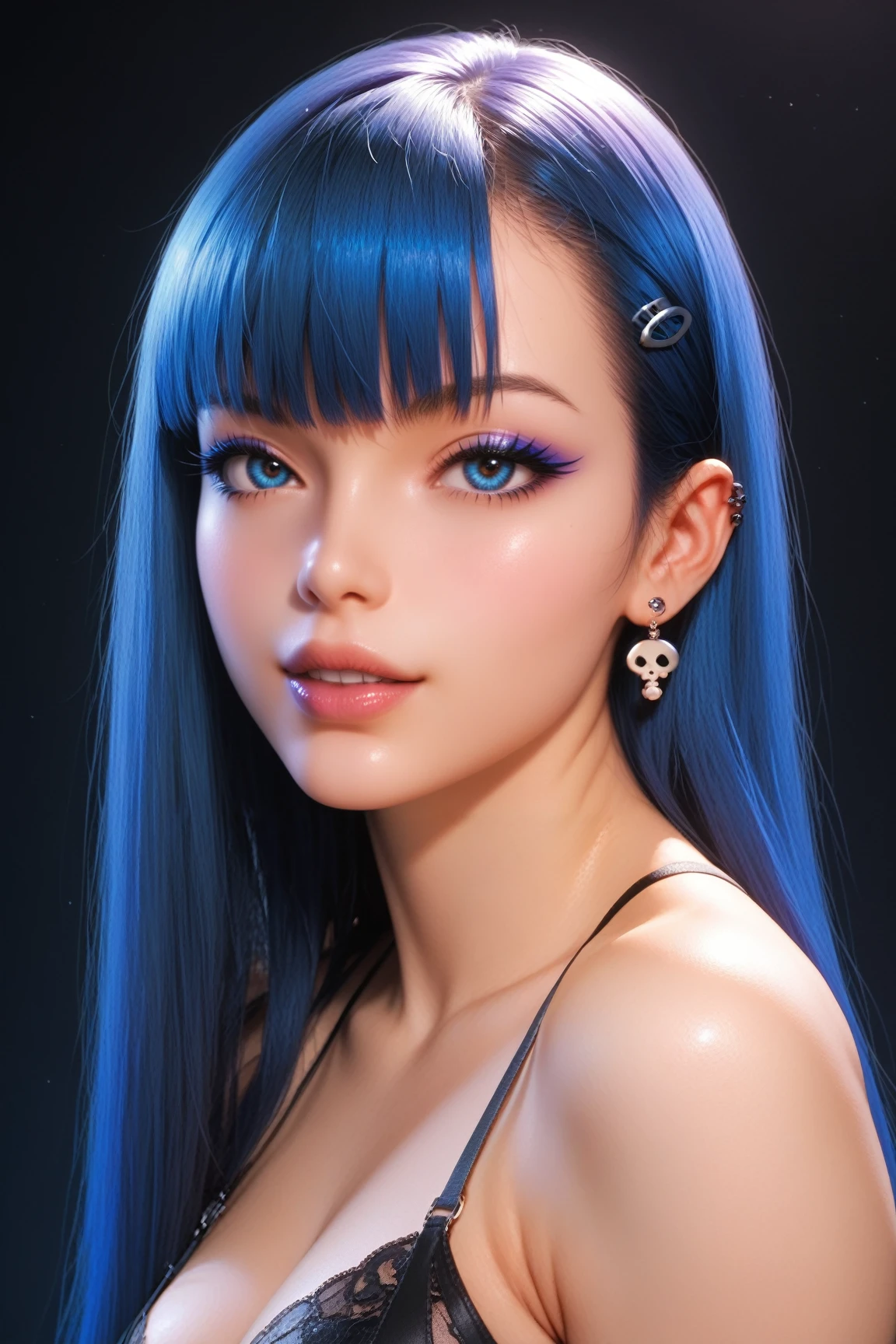 Best quality, masterpiece, super high resolution, multicolored hair, long hair, two moles under the eyes, gradient eyes, eyeballs, shyness, smile, evil, off-the-shoulder, character setting, close-up, surrealism, UHD, award-winning, bust, colourful hair, blunt bangs, blue eyes, really beautiful face, super beautiful face