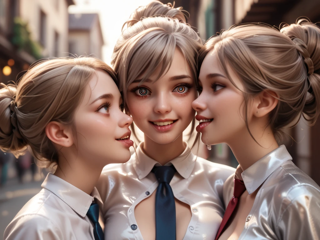 4 girls buttoned in extremely tight shiny silver latex blouse, Light brown hair, volumizing hair, Breasts,  seductive smile, Lens reflection, Reflected light, Are in town, Updo, kiss,saliva, salivafluss, salivaspur, Necktie, Spiral eyes, 