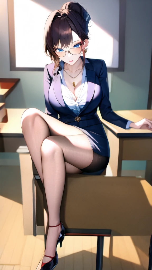 (masterpiece, Best Quality:1.2),  1 girl, solo female teacher 、 business suit 、 recruitment suit 、 tight skirt 、 black stockings、 High Heels 、blouse、valley、Long, slender legs、Updo、Glasses