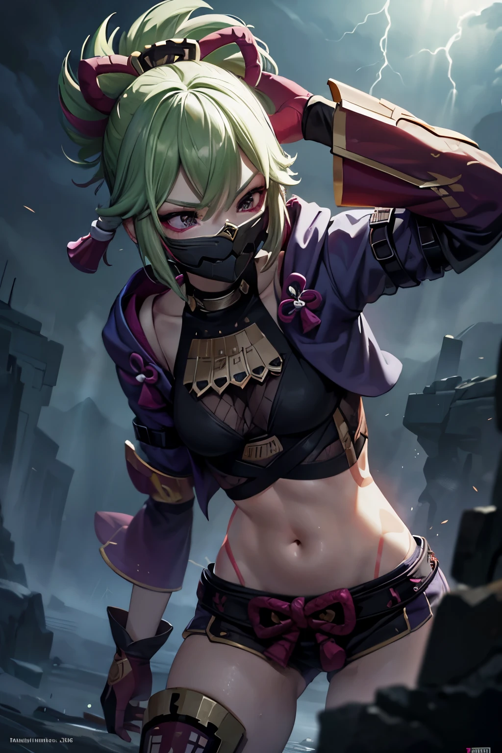 Beautiful attractive woman with green hair and mask with best quality best effects best shadows best lighting 8k ultra HD super realistic