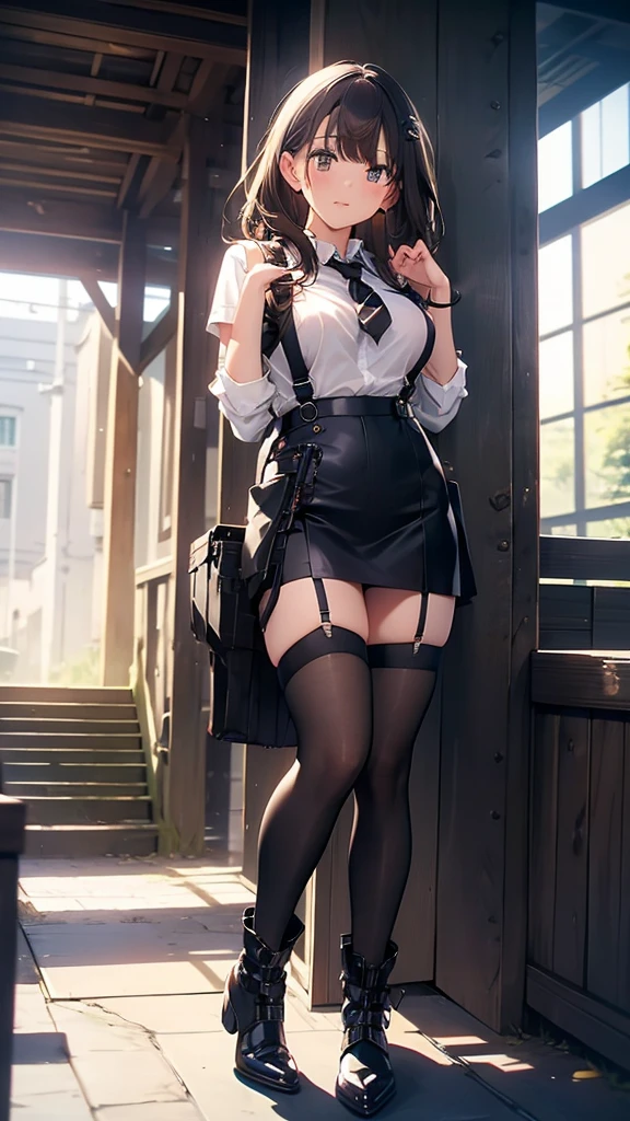 ((Correct ???????)),(on stage),(Female student)、((school uniform))、((Short sleeve))、(Mini Pleated Skirt),(((Black Stockings))),((Sexy pose)),((Stand on the stairs of the school)),Ultra-high resolution,Mature Woman, Mature Woman, Very detailed,Sunburned skin,Brown Skin, (Big Breasts),((Beautiful feet)),Perfect hands, Detailed fingers, Beautiful details, ((Long Hair)),((ponytail)),Glasses,Black Choker, Earrings,loafers,Perfect Eyes, Captivating eyes,(open-chest)