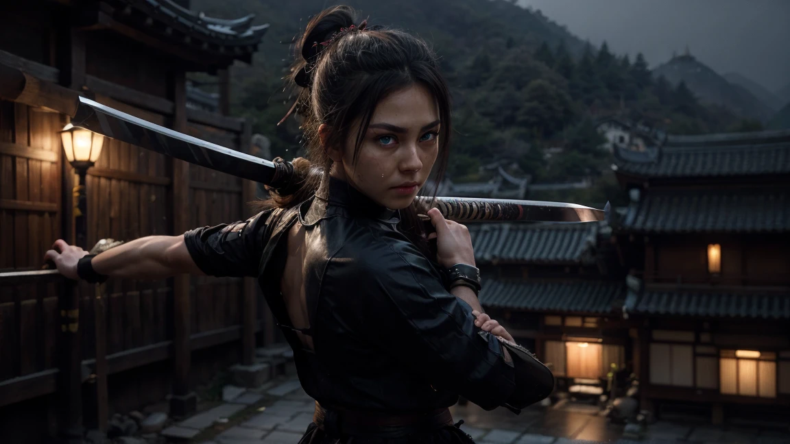 a highly muscular female Samurai with 1 katana, the upper coltes are made of net. transparent thorso, double hairbuns, detailed abs and muscles, dark outfit, serious expression, glowing katana blade, dynamic action pose, on a chinese ancient roof, in a misty olde chines village at night dark moody lighting, cinematic angle, hyperrealistic, digital art, illustration