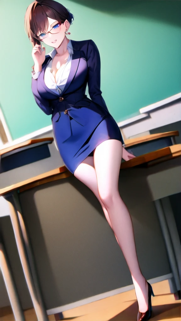 (masterpiece, Best Quality:1.2),  1 girl, solo female teacher、 business suit 、 recruitment suit 、 tight skirt 、 black stockings、 High Heels 、blouse、valley、Long, slender legs、Updo、Glasses、classroom、During class、female teacher