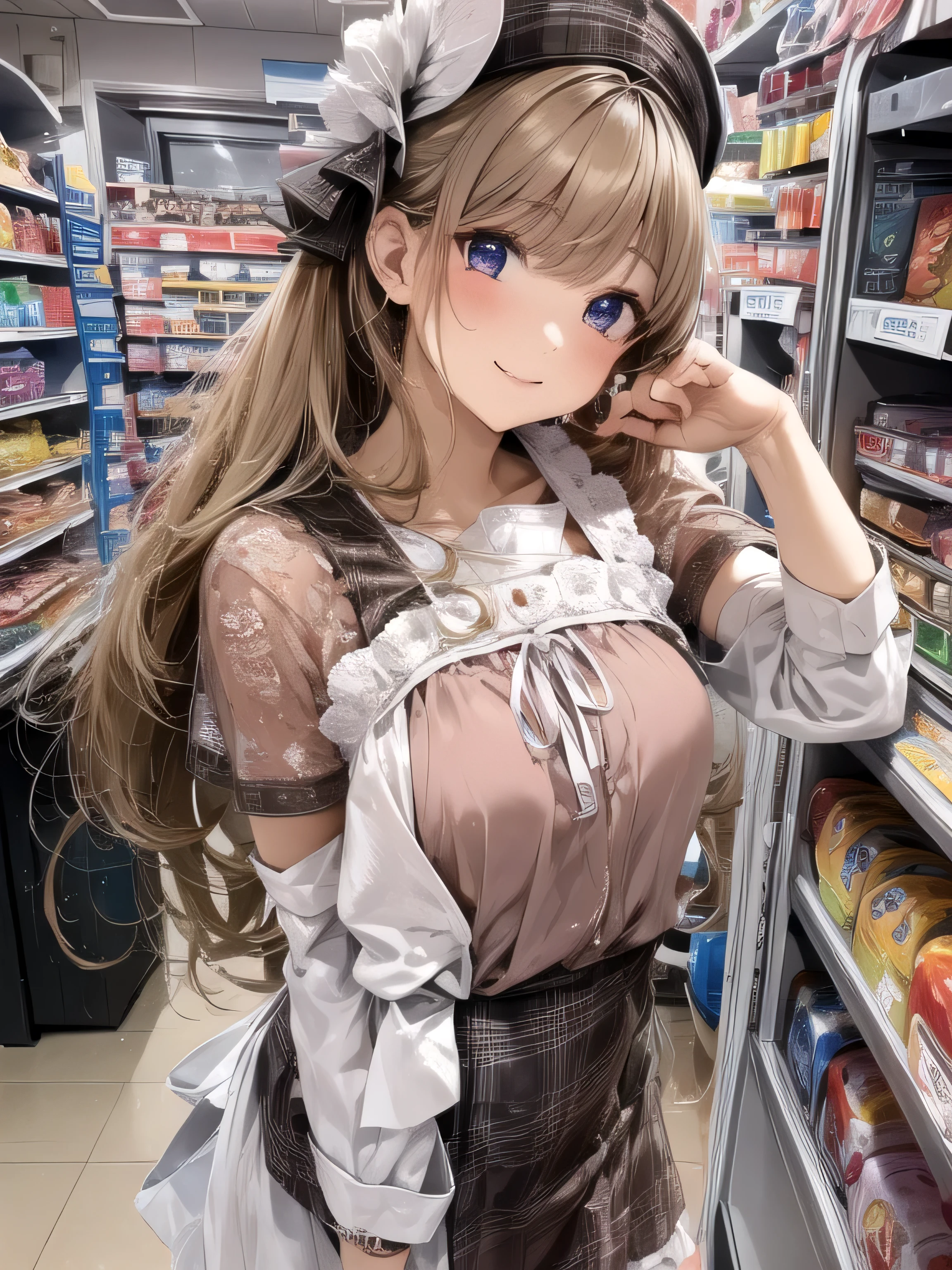 (Best Quality:1.2), (beautiful:1.2),(Beautiful eyes and skin), ( detailed facial features ),  NFFS W ,  perfect style, beautiful顔,  anatomically accurate ,  very detailed face and skin textures,  shiny skin, naked apron、Convenience store clerk、 embarrassing、、From below