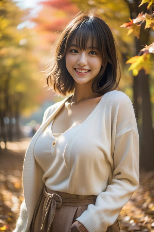 (8k、Raw photography, highest quality、masterpiece:1.2), a cute Japanese woman, (Cute Smile: 1.4), medium breasts, (Stylish Autumn Outfits:1.4), Depth of field rally background、 