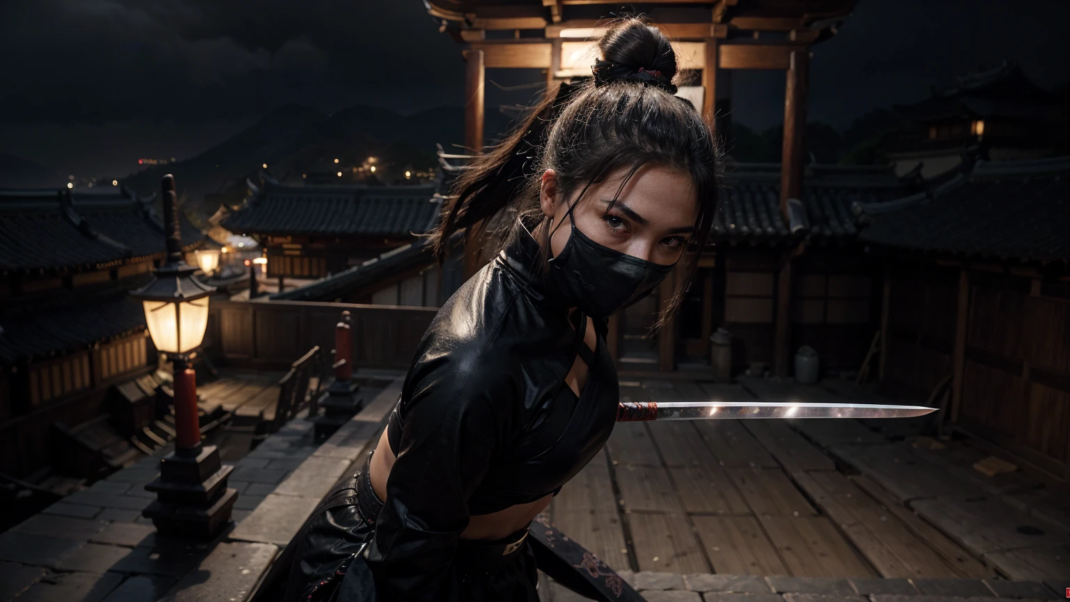 a highly muscular female Samurai with 1 katana, the upper coltes are made of net. transparent thorso, double hairbuns, detailed abs and muscles, dark outfit, ninja facemask, serious expression, glowing katana blade, dynamic action pose, on a chinese ancient roof, in a misty olde chines village at night dark moody lighting, cinematic angle, hyperrealistic, digital art, illustration