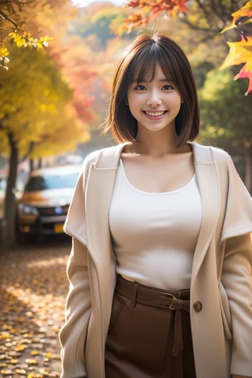 (8k、Raw photography, highest quality、masterpiece:1.2), a cute Japanese woman, (Cute Smile: 1.4), medium breasts, (Stylish Autumn Outfits:1.4), Depth of field rally background、 