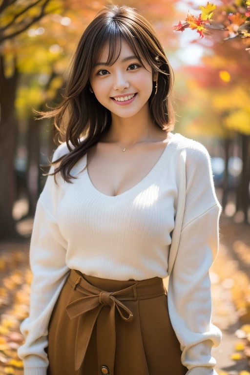 (8k、Raw photography, highest quality、masterpiece:1.2), a cute Japanese woman, (Cute Smile: 1.4), medium breasts, (Stylish Autumn Outfits:1.4), Depth of field rally background、 