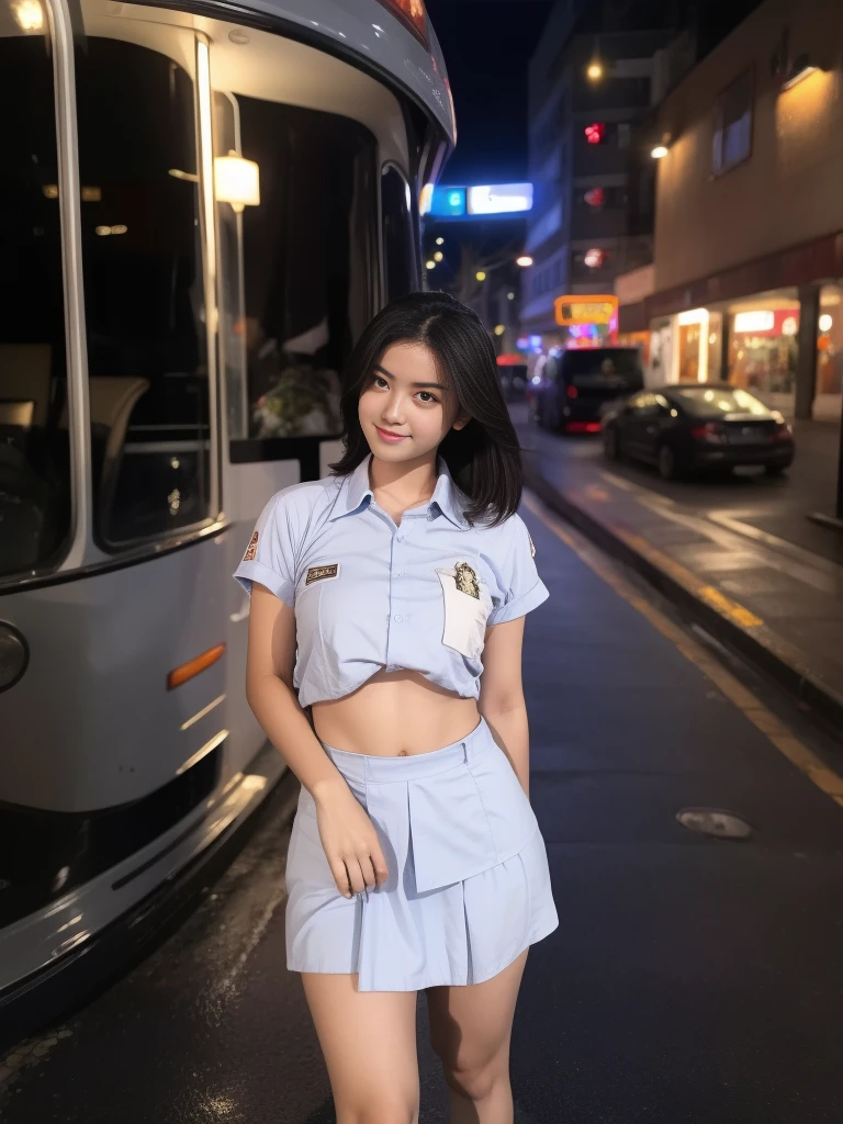 1girl, 1 girl, (uniform), standing, outdoors, night view, detailed Metropolitan city at the background, (Overhead view:1.35), (zoom out: 1.1), detailed face, cute little smile, detailed eyes, medium thick breasts, six pack abs, smooth realistic skin, semi-curvy body, white shirt, grey blue short skirt, looking at the audience, (8k, RAW photo, best quality, masterpiece: 1.3), (realistic, realistic: 1.37), ultra-high resolution