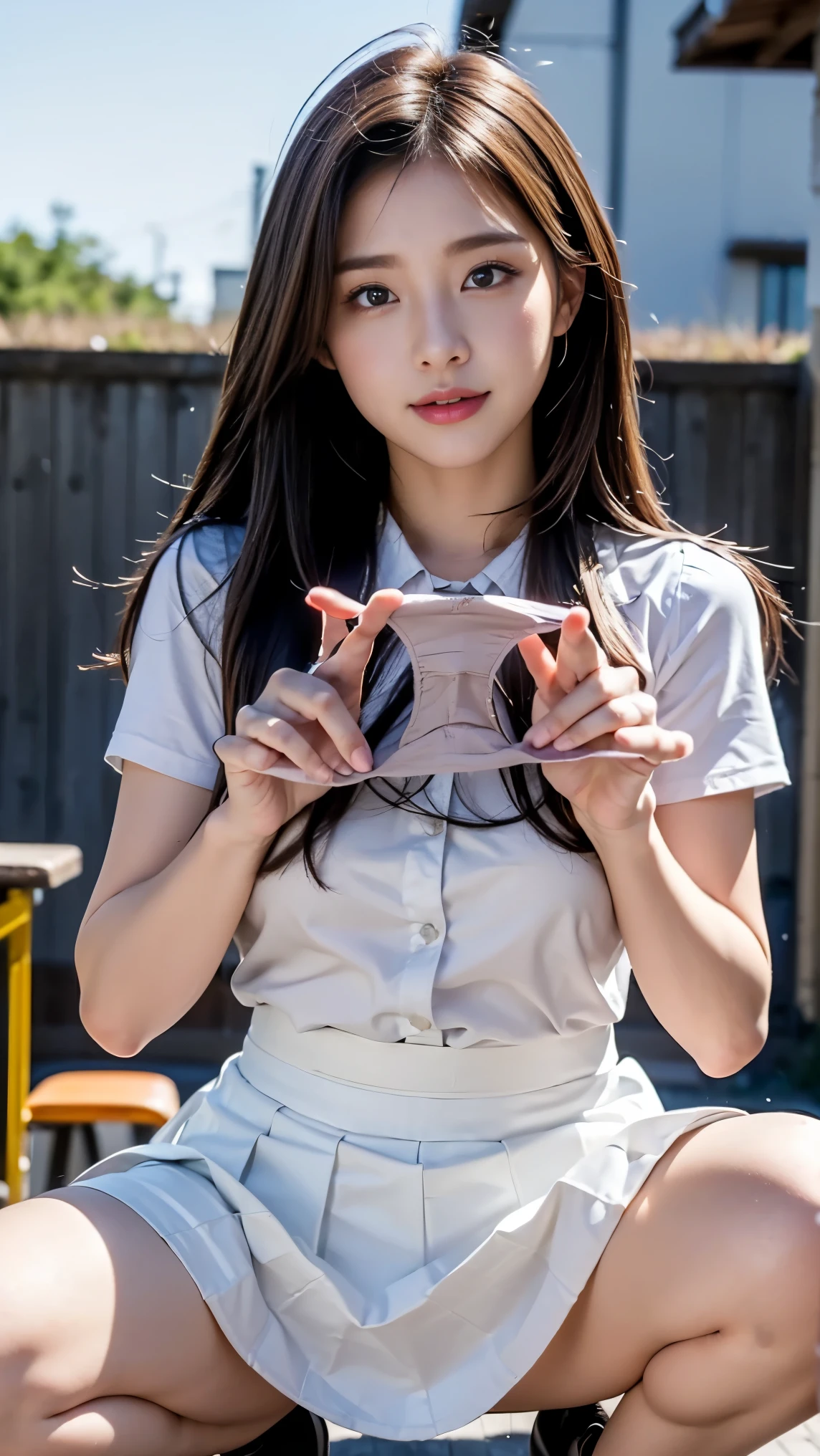 masterpiece, Highest quality, 8k, Young and beautiful, 、The clothes are big、photo shoot, Cute Face, Thighs, Bright classroom, (((Embarrassing)))、Embarrassing、No makeup, 10 generations, Detailed face, Background Blur、Tight waist、((((School uniforms、White shirt、Checked mini skirt、Lift up your skirt、Showing Pussy、show me your charm)))), Straight hair、Light brown hair、Sagging eyes、(((I have stained panties)))、Bright classroom、Thighs、((squat))、(((Grab your panties)))、Show me your panties、Gal、((Pussy、I can see the pussy))、Realistic Pussy look up