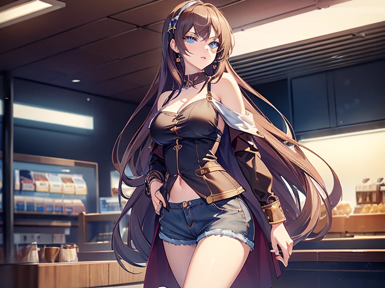 (masterpiece, Best Quality, ultra-detailed, high resolution, extremely detailed CG, official art, Professional Lighting, Perfect Anatomy, anime colors), (from below), looking at viewer, cowboy shot, perfect body, a 24yo beautiful girl, sidelocks, hairband, earrings,medium hips, glamorous body,a small face,beautiful-makeup,Makeup light,dark brown hair, Amazing Cleavage, thin waist, cute ass, Raised sexy, small breast: 1.2 posed cleavage:1.2, (off shoulders,Denimbra,legginullnude), micro denim shorts, bare legs, nail_polish, pale skin, Waiting friend, (morning:1.5), tokyo, (convenience store:1.3), outdoor, (depth of field:1.3), contrapposto, (Hold a coffee in your hand:1.3),delicate beautiful face, Bright blue eyes, cute eyes, sparkling eyes, Big eyes, (perky chest:1.1), (pointed chest:1.3), looking at viewer,
