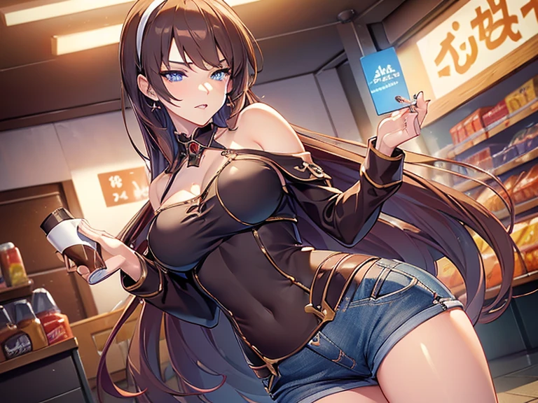 (masterpiece, Best Quality, ultra-detailed, high resolution, extremely detailed CG, official art, Professional Lighting, Perfect Anatomy, anime colors), (from below), looking at viewer, cowboy shot, perfect body, a 24yo beautiful girl, sidelocks, hairband, earrings,medium hips, glamorous body,a small face,beautiful-makeup,Makeup light,dark brown hair, Amazing Cleavage, thin waist, cute ass, Raised sexy, small breast: 1.2 posed cleavage:1.2, (off shoulders,Denimbra,legginullnude), micro denim shorts, bare legs, nail_polish, pale skin, Waiting friend, (morning:1.5), tokyo, (convenience store:1.3), outdoor, (depth of field:1.3), contrapposto, (Hold a coffee in your hand:1.3),delicate beautiful face, Bright blue eyes, cute eyes, sparkling eyes, Big eyes, (perky chest:1.1), (pointed chest:1.3), looking at viewer,
