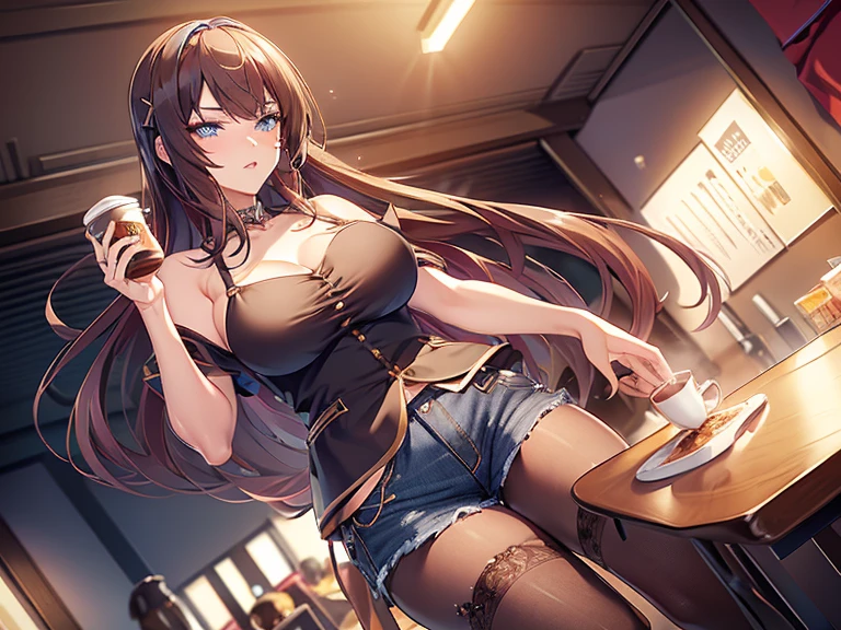 (masterpiece, Best Quality, ultra-detailed, high resolution, extremely detailed CG, official art, Professional Lighting, Perfect Anatomy, anime colors), (from below), looking at viewer, cowboy shot, perfect body, a 24yo beautiful girl, sidelocks, hairband, earrings,medium hips, glamorous body,a small face,beautiful-makeup,Makeup light,dark brown hair, Amazing Cleavage, thin waist, cute ass, Raised sexy, small breast: 1.2 posed cleavage:1.2, (off shoulders,Denimbra,legginullnude), micro denim shorts, bare legs, nail_polish, pale skin, Waiting friend, (morning:1.5), tokyo, (convenience store:1.3), outdoor, (depth of field:1.3), contrapposto, (Hold a coffee in your hand:1.3),delicate beautiful face, Bright blue eyes, cute eyes, sparkling eyes, Big eyes, (perky chest:1.1), (pointed chest:1.3), looking at viewer,
