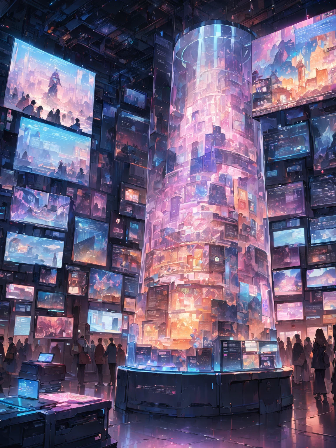 (highest quality, 4k, 8K high resolution, masterpiece:1.2), absurd, Highly detailed Illustration, professional photograph, an extremely delicate and beautiful, RAW Photos, 

A futuristic museum exhibit showcasing 'ancient' smartphones and laptops from the 2020s, displayed in transparent hovering cases. Holographic infographics explain their primitive features, while visitors use neural interfaces to access information, cinematic composition, detailed textures, high quality render,