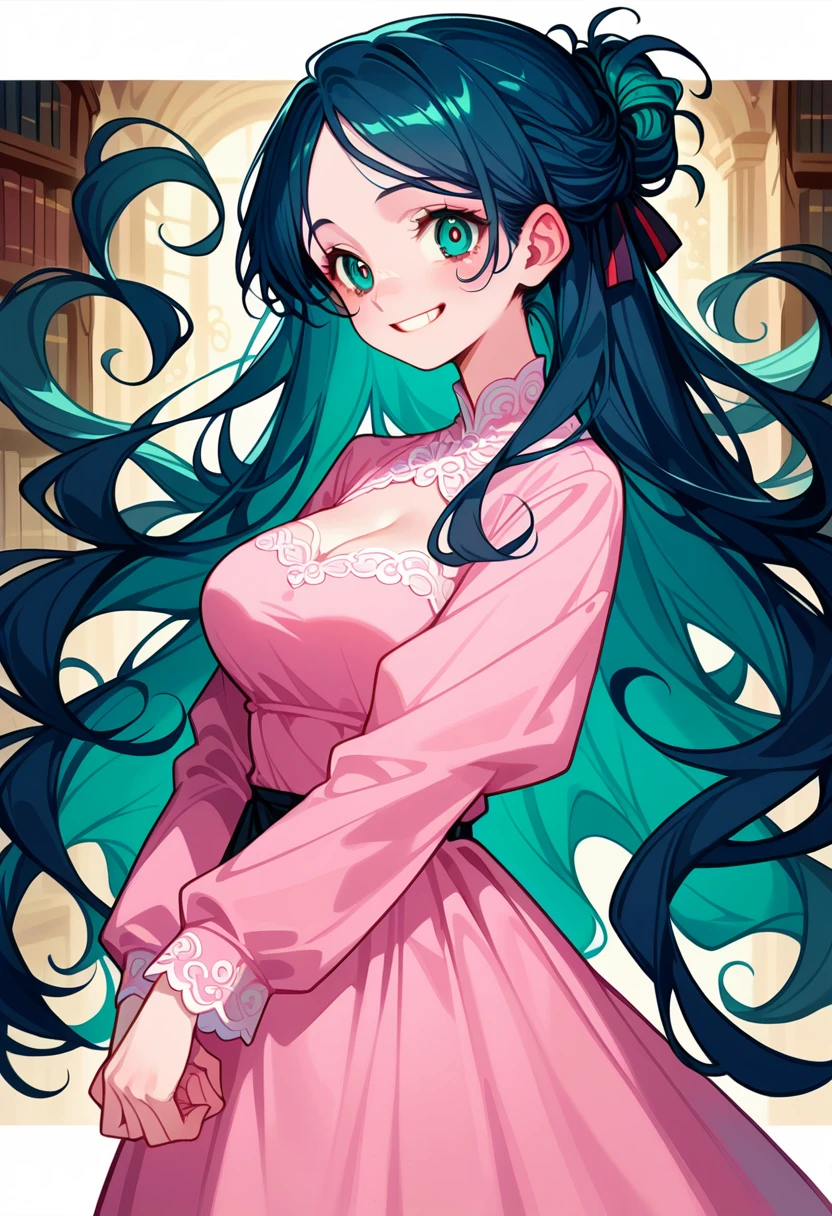 masterpiece, best quality, ultra-detailed, ((pastel blue long hair:1.5)), (half updo:1.3), wavy hair, delicate face, beautiful girl, large breasts, ((pastel pink dress:1.5)), flared skirt, white lace details, black ribbon in hair, wearing a crimson robe, holding an ancient book (Necronomicon:1.5), cursed ancient book, dark aura, glowing red runes, (teal eyes:1.3), crazy eyes, (manic smile:1.3), soft lighting, standing in front of a gothic library, dark red leather-bound book with glowing runes, dark atmosphere, calm expression but with a hint of madness, soft natural daylight