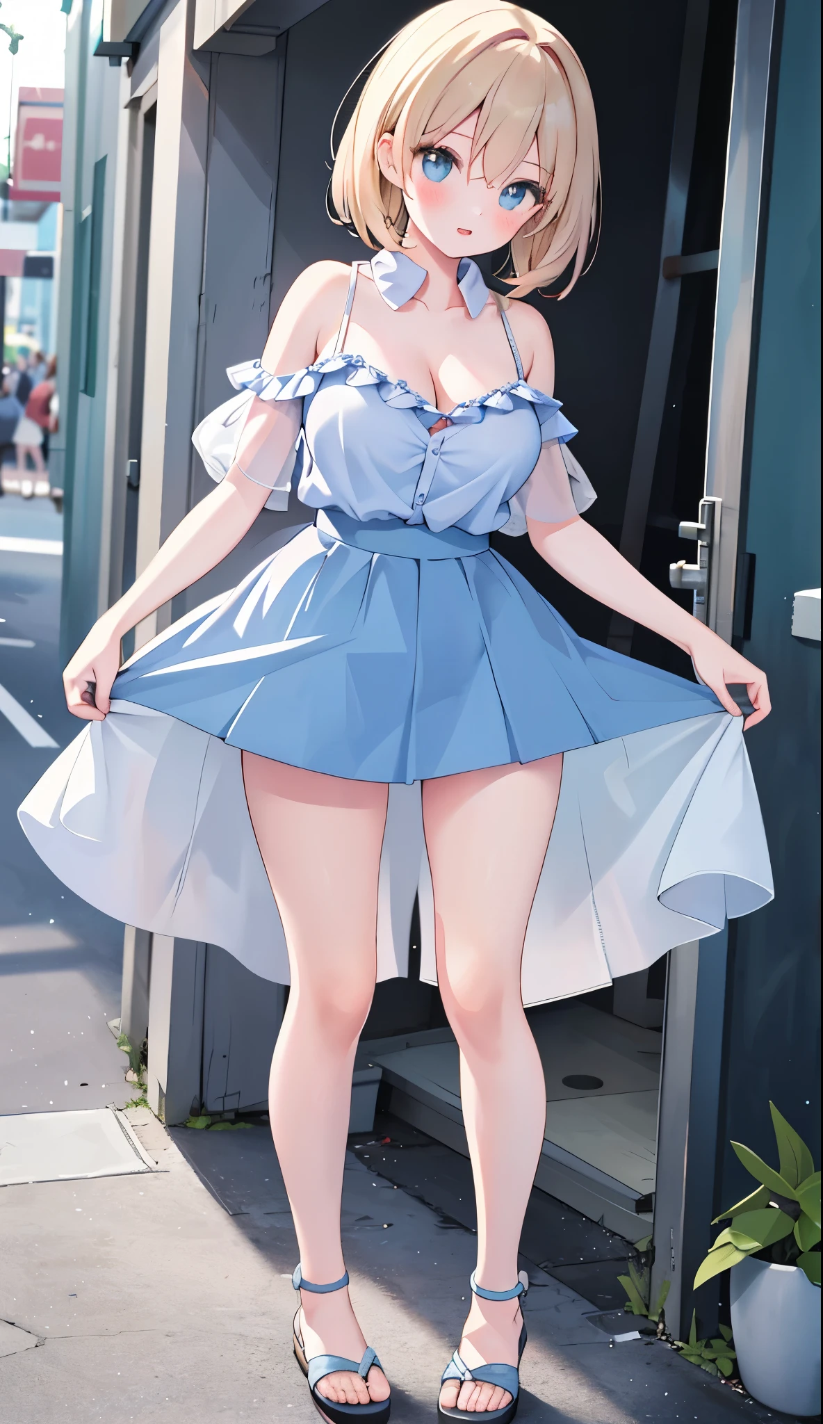 One Girl、star town suisei、positive、Standing posture、Full body portrait、、blush、Absolute area、No panties、Well good、barefoot、Light blue dress、Off-the-shoulder dress、(Very large breasts)、Cleavage、((Lesbians around the world))、masterpiece、(highest quality)、、White heel sandals、Shirt buttons fly off、Unbutton your shirt、Exposing the breasts、Shopping Street、Skirt Front Lift、Exposing the breasts、Bare your breasts、Nipples