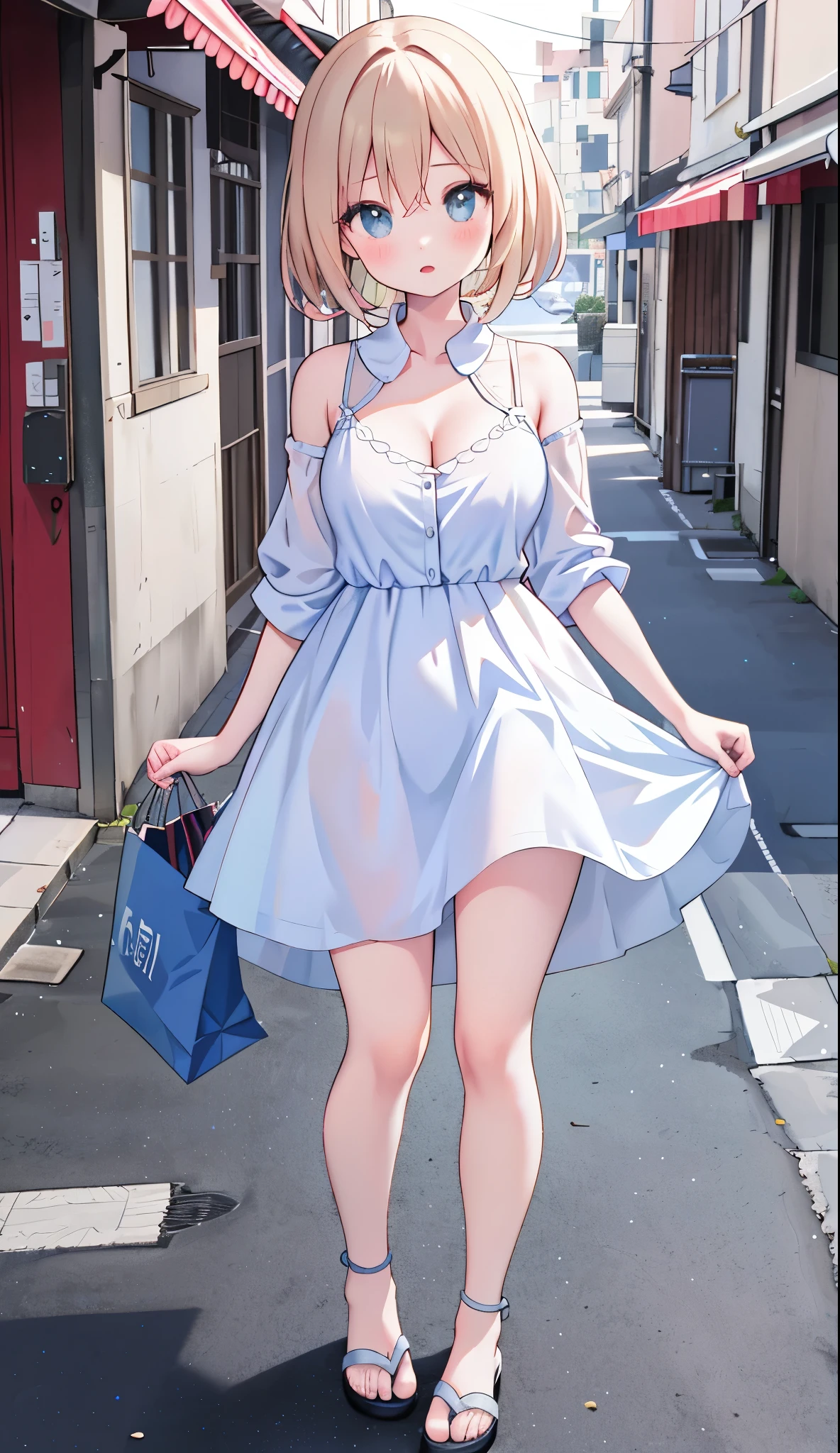 One Girl、star town suisei、positive、Standing posture、Full body portrait、、blush、Absolute area、No panties、Well good、barefoot、Light blue dress、Off-the-shoulder dress、（Very large breasts）、Cleavage、((Lesbians around the world))、masterpiece、（highest quality）、、White heel sandals、Shirt buttons fly off、Unbutton your shirt、Exposing the breasts、Shopping Street、Skirt Front Lift、Exposing the breasts、Bare your breasts、Nipples