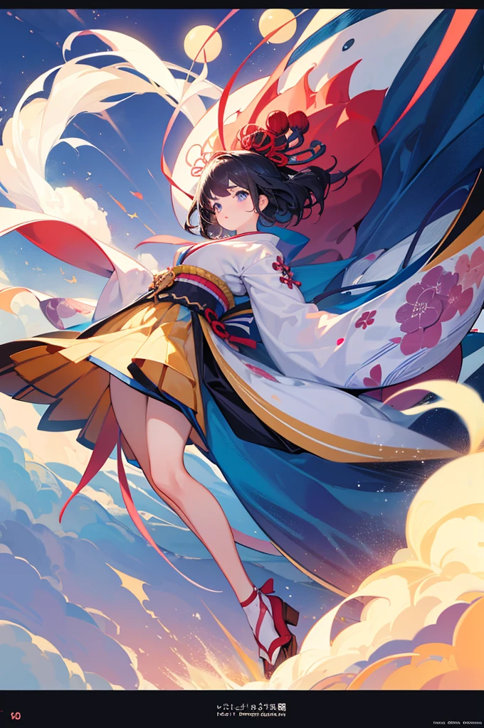 with blue sky and white clouds,sun shining through clouds,Irradiate to the ground,China's five-star red flag,A girl in Hanfu,Chinese Ancient Architecture