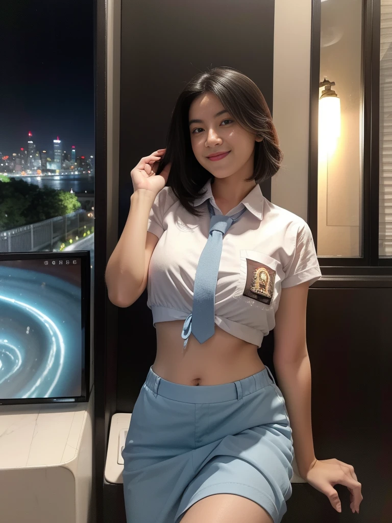 1girl, 1 girl, (uniform), standing, outdoors, night view, detailed Metropolitan city at the background, (Overhead view:1.35), (zoom out: 1.1), detailed face, cute little smile, detailed eyes, medium thick breasts, six pack abs, smooth realistic skin, semi-curvy body, white shirt, grey blue short skirt, looking at the audience, (8k, RAW photo, best quality, masterpiece: 1.3), (realistic, realistic: 1.37), ultra-high resolution