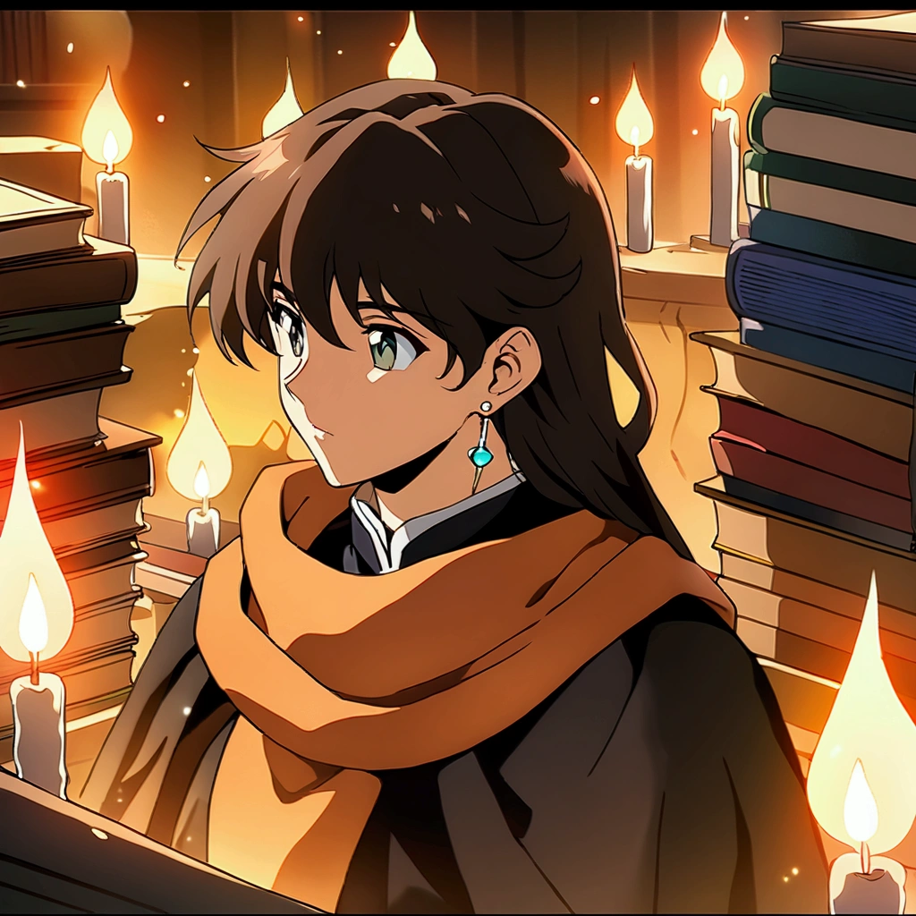 Masterpiece, High quality, High quality of art, best quality, best details, anime artstyle, 2d lineart anime artstyle, ultra quality, anime, 1boy, solo, fluffy dark brown hair, gray-green eyes, Beautiful, black cloack, orange Scarf, earring with black crystals on the left ear, In the temple of fire, many books around, many candles, 