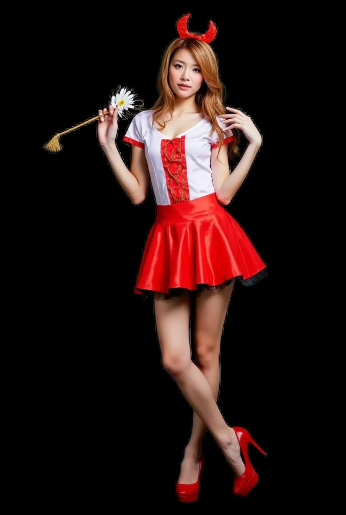 1girl, Kiernan Shipka, full length portrait, beautiful detailed eyes, beautiful detailed lips, extremely detailed face and eyes, long eyelashes, university of michigan cheerleader uniform, sheer shiny shimmering silky tan pantyhose, 5 inch white high heeled pumps, holding pompoms, studio photo shoot, red lipstick, long dangling earrings, hair in ponytail, glamour photo shoot, (best quality,4k,8k,highres,masterpiece:1.2),ultra-detailed,(realistic,photorealistic,photo-realistic:1.37),HDR,UHD,studio lighting,ultra-fine painting,sharp focus,physically-based rendering,extreme detail description,professional,vivid colors,bokeh