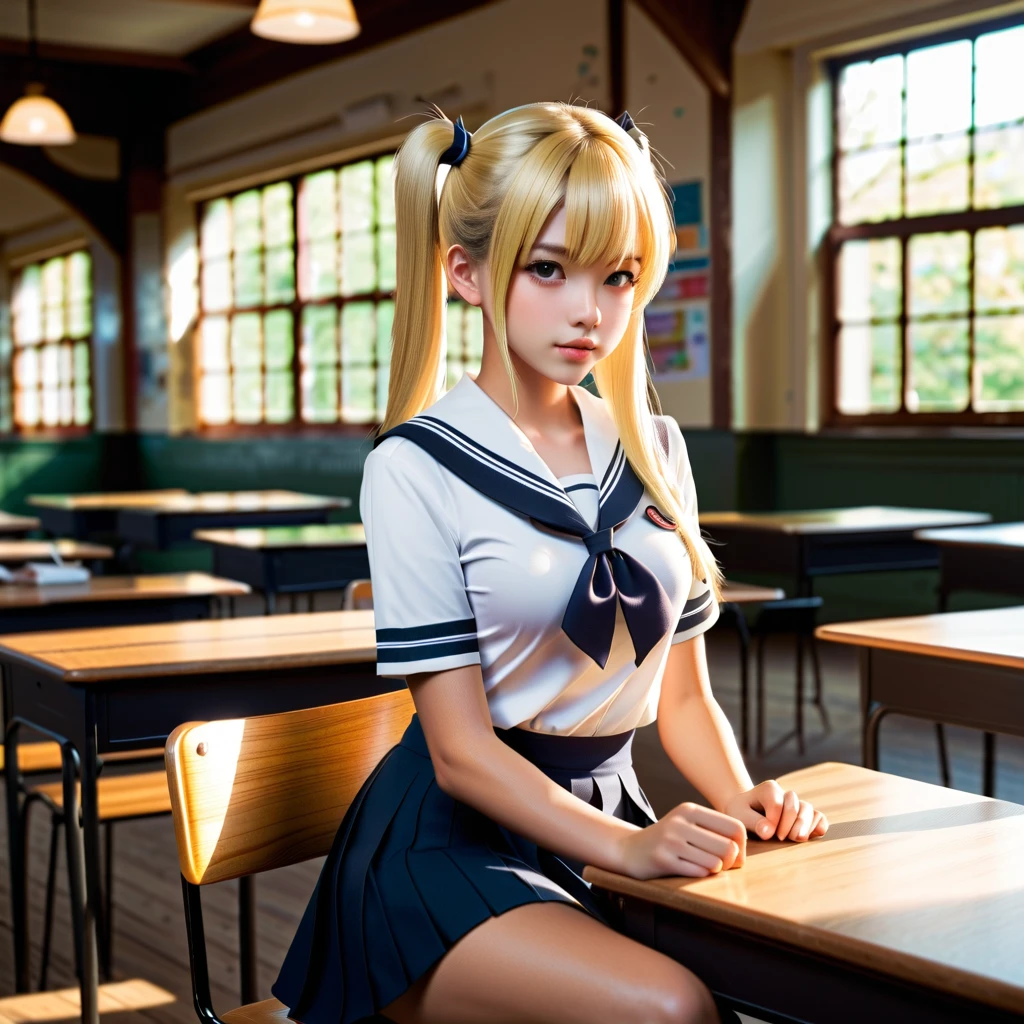 (extremely detailed CG unity 8k wallpaper,masterpiece, best quality, ultra-detailed),school classroom setting,sunlight filtering through trees,beautiful blonde high school girl with twintails and ahoge(D-cup),smartphone in hand,fidgeting with it,beautiful black-haired high school girl,thin and flat-chested, wearing sailor uniform,sitting on chair and having conversation with blonde girl who is sitting on desk,in the evening.