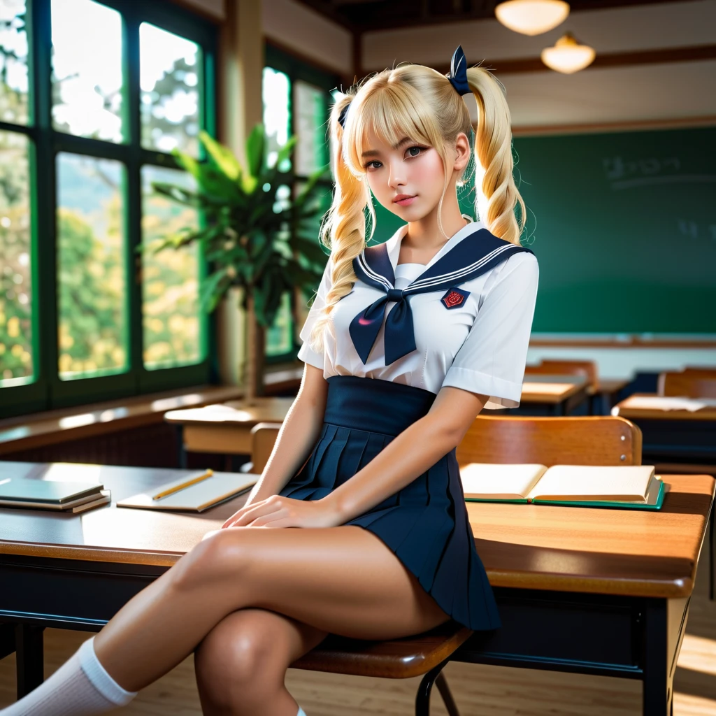 (extremely detailed CG unity 8k wallpaper,masterpiece, best quality, ultra-detailed),school classroom setting,sunlight filtering through trees,beautiful blonde high school girl with twintails and ahoge(D-cup),smartphone in hand,fidgeting with it,beautiful black-haired high school girl,thin and flat-chested, wearing sailor uniform,sitting on chair and having conversation with blonde girl who is sitting on desk,in the evening.