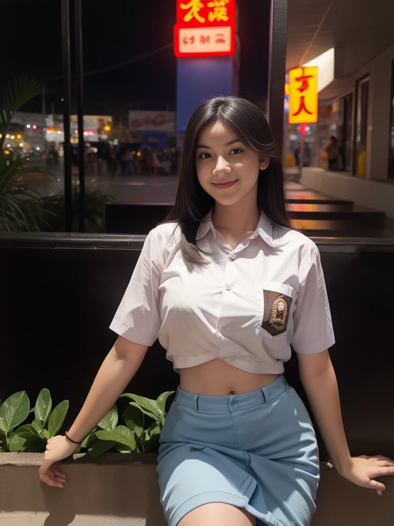 1girl, 1 girl, (uniform), standing, outdoors, night view, detailed Metropolitan city at the background, (Overhead view:1.35), (zoom out: 1.3), detailed face, cute little smile, detailed eyes, medium thick breasts, six pack abs, smooth realistic skin, semi-curvy body, white shirt, grey blue short skirt, looking at the audience, (8k, RAW photo, best quality, masterpiece: 1.3), (realistic, realistic: 1.37), ultra-high resolution