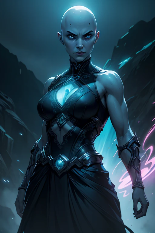 beautiful bald woman, glowing cyan eyes, telekinetic powers, fantasy action scene, hyper realistic, 8k, cinematic lighting, intricate details, volumetric fog, dramatic pose, dynamic composition, vibrant colors, dramatic mood, photorealistic, award winning digital art, concept art style