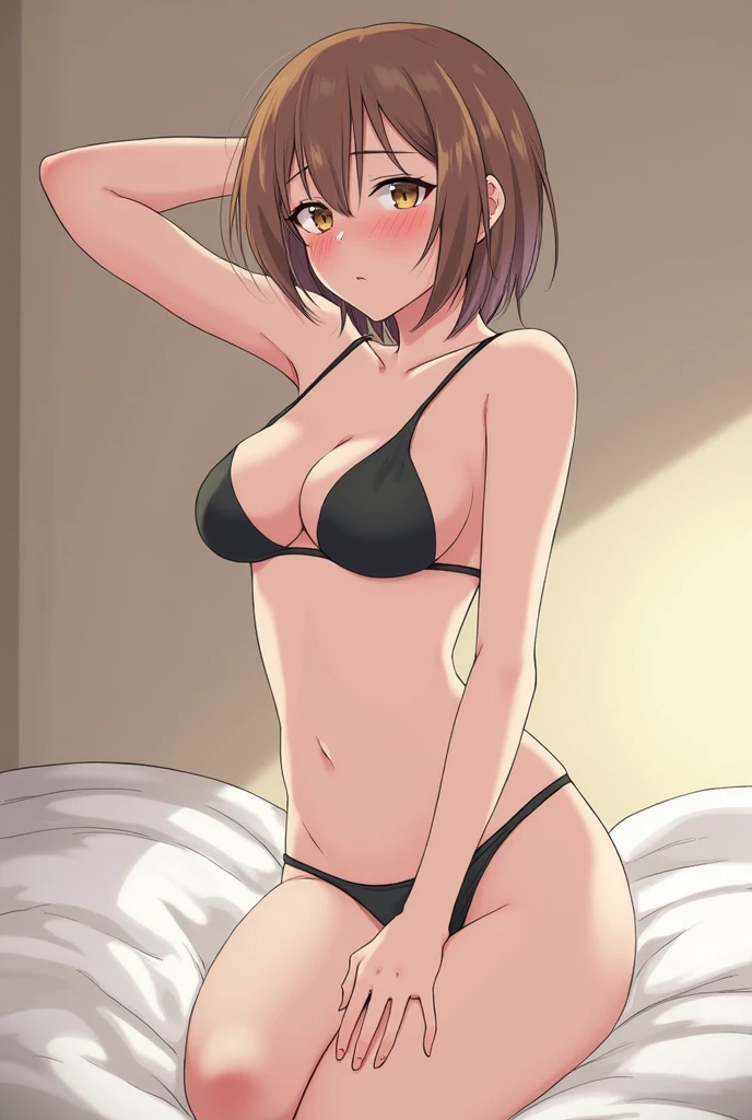 Uraraka Ochako、Black Micro Bikini、A room in a hotel、Sleeping in bed、Tempting、ssex、The areol、pubick hair、barechested、