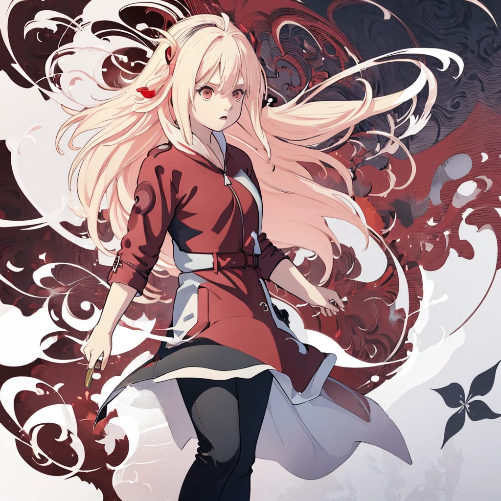 1girl, Blonde hair, Long hair, Ahoge, Red eye, Red Jacket, Black shirt, White Belt, Red Pants, Black Boots, Wallpaper, Illustration, Re Zero Style, Sun