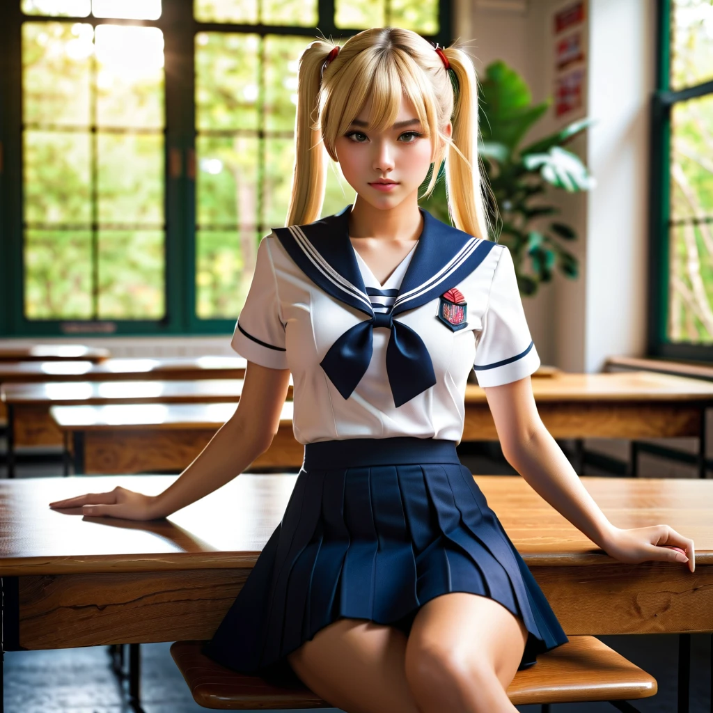 (extremely detailed CG unity 8k wallpaper,masterpiece, best quality, ultra-detailed),school classroom setting,sunlight filtering through trees,beautiful blonde high school girl with twintails and ahoge(D-cup),smartphone in hand,fidgeting with it,beautiful black-haired high school girl,thin and flat-chested, wearing sailor uniform,sitting on chair and having conversation with blonde girl who is sitting on desk,in the evening.