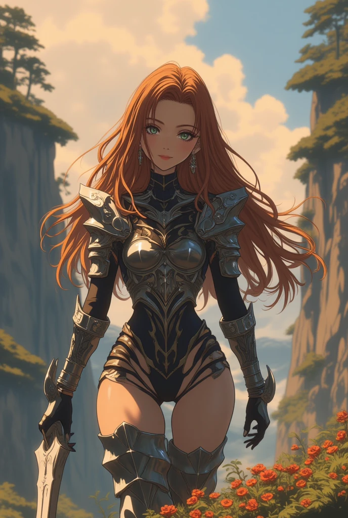 ne0nfant4sy, Masterpiece, stunningly beautiful girl, beautiful European girls, blond, Long hair, (Theme of the game Final Fantasy. Image of Katherine McNamara as a bronze-haired girl standing holding her favorite sword, wearing light armor in black and white, pastel colors, and dramatic tones. A masterpiece with the highest resolution , Image type surreal, detailed fantasy landscape in background, Vision, looking at the viewer, seductive smile, inviting smile, 